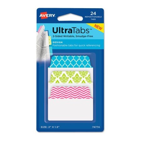 Avery Dennison Avery Ultra Tabs Repositionable Tabs, 2in x 1-1/2in, Patterns: Blue, Green, Pink, 24/Pack 74774